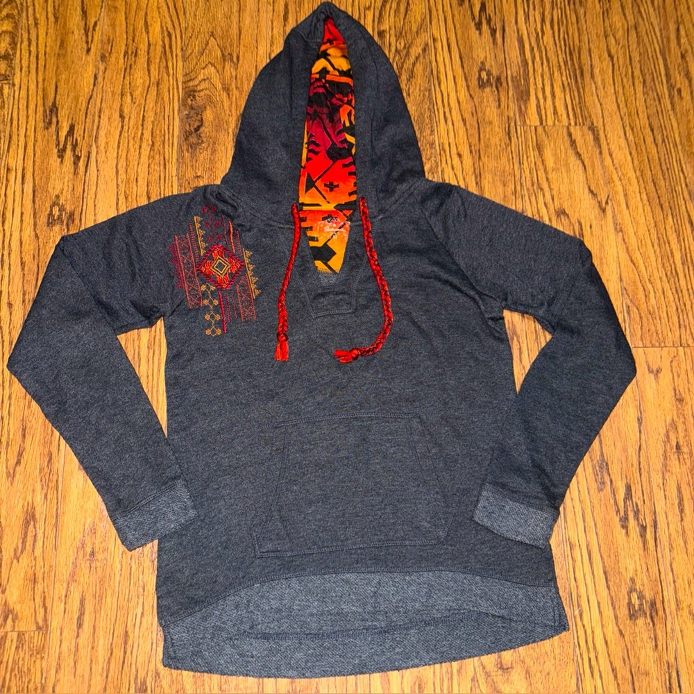 Panhandle NWOT Grey Marled Southwest Hoodie Women Size M L Floral Western Boho